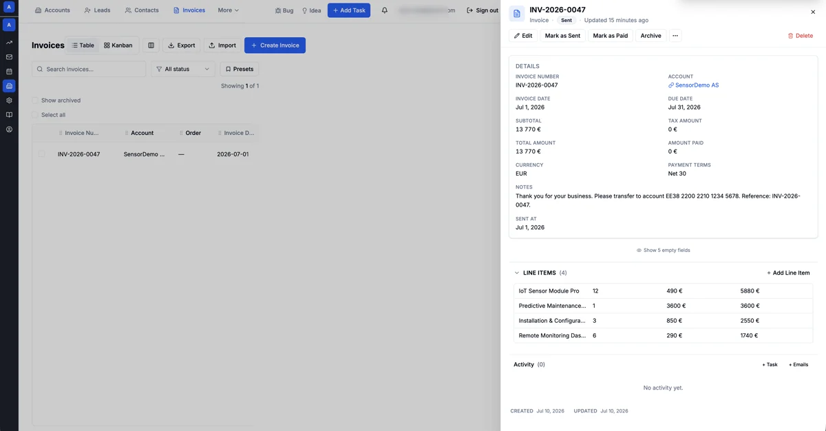 AmplySales invoice for the SensorDemo account with four line items