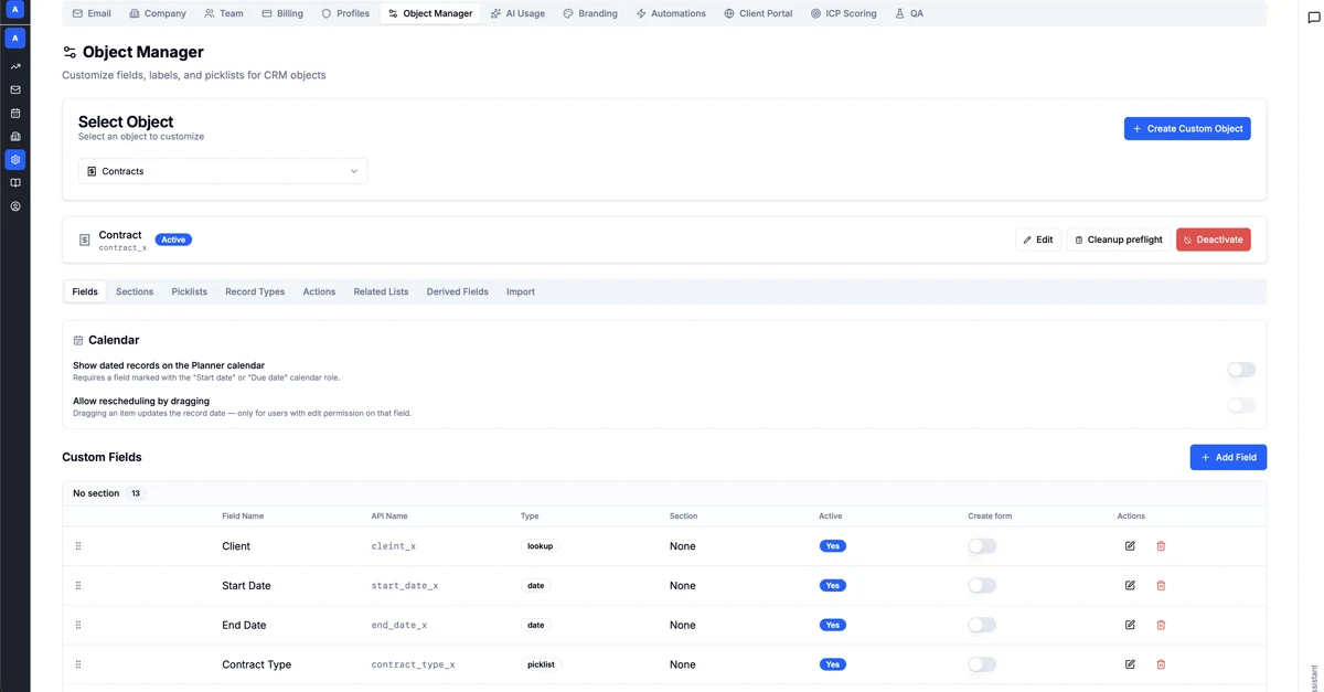 AmplySales Object Manager showing a Contracts object with custom fields