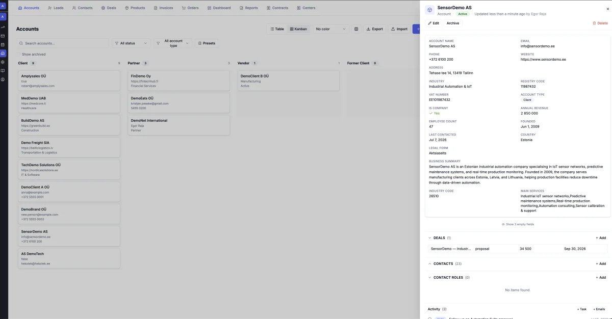 AmplySales SensorDemo account view with a related deal, contacts, email, and follow-up task