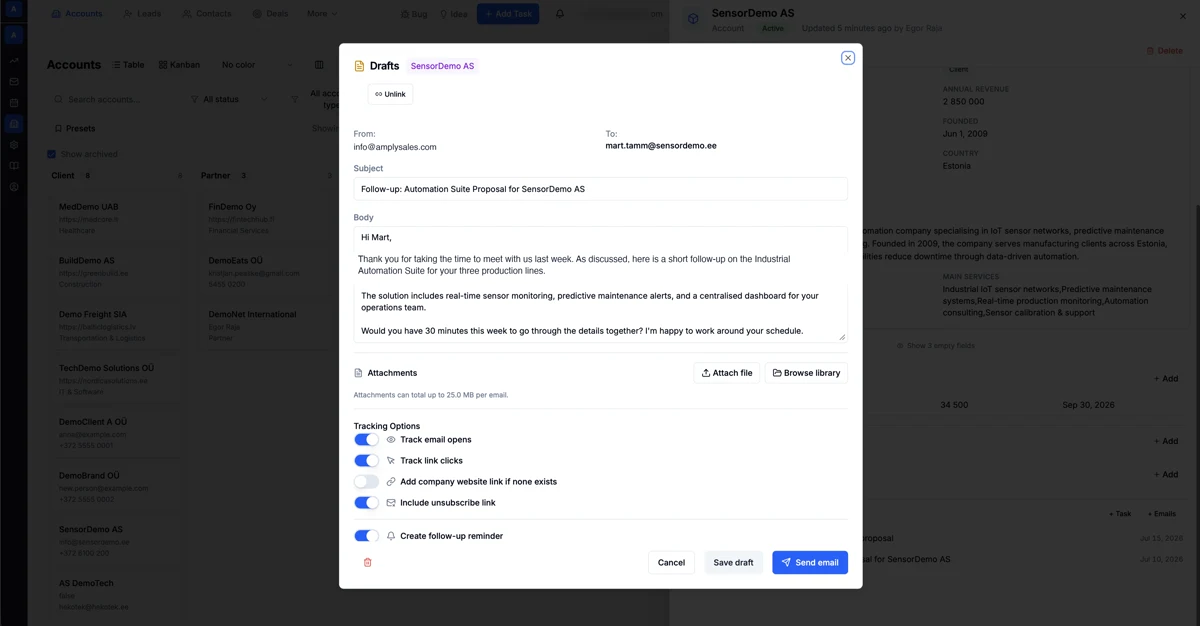 A follow-up email draft linked to the SensorDemo account in AmplySales