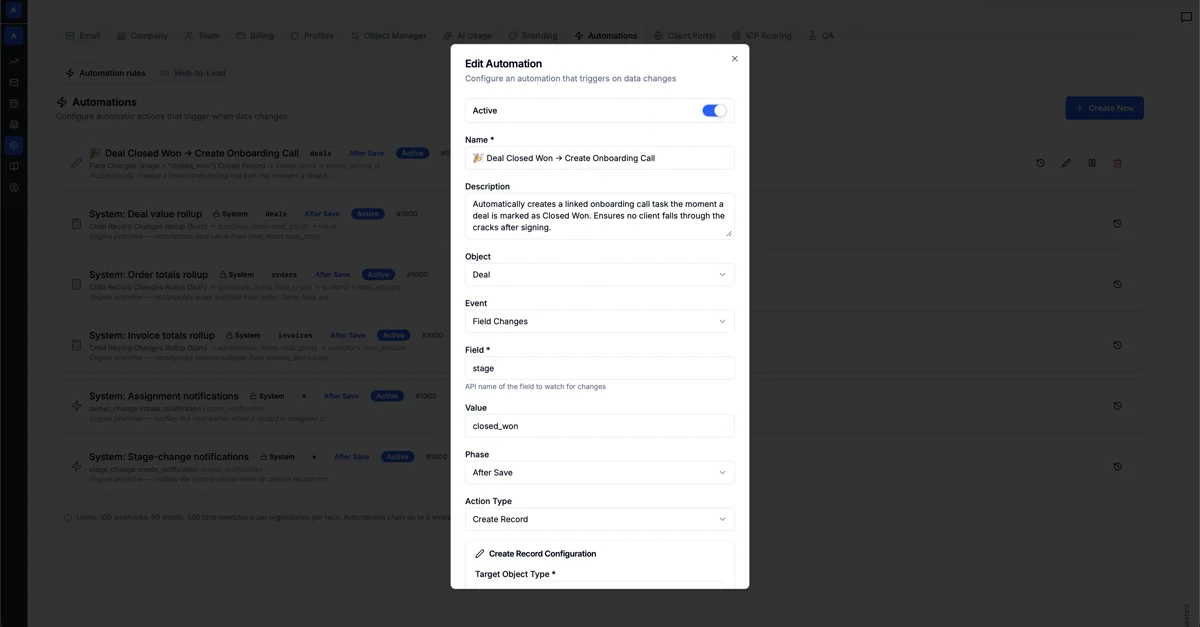 AmplySales automation rule that creates an onboarding task after a deal is won