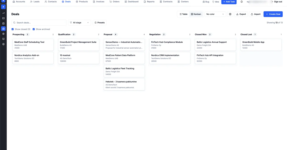 AmplySales deal Kanban with credible records distributed across sales stages